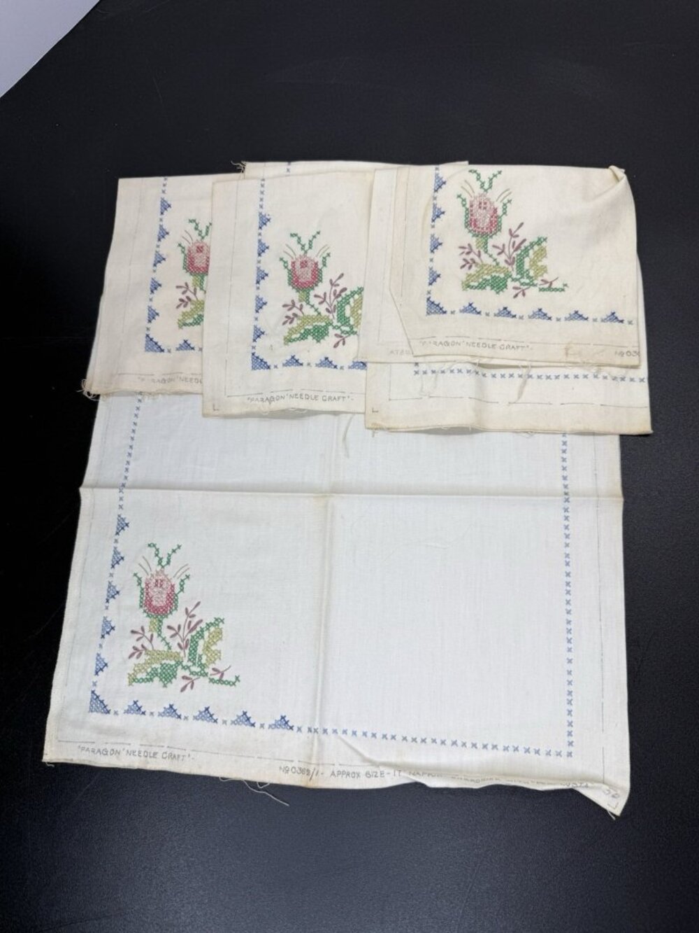 4 Vintage Paragon Needlecraft Napkins 0362 Linen Stamped Floral Pattern 17”